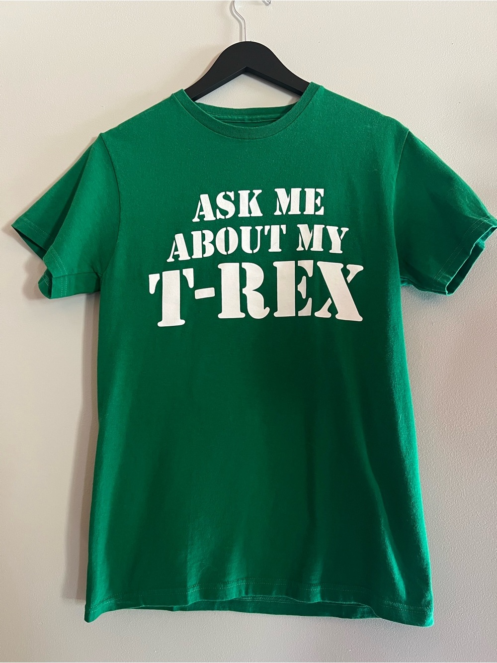 Ask Me About My T-Rex Green Graphic Shirt Dinosaur Reveal Novelty Tee Small Mens